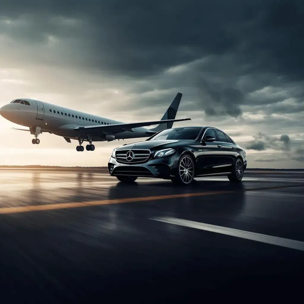 Chauffeur-driven car waiting on an airport apron as an aircraft comes in to land