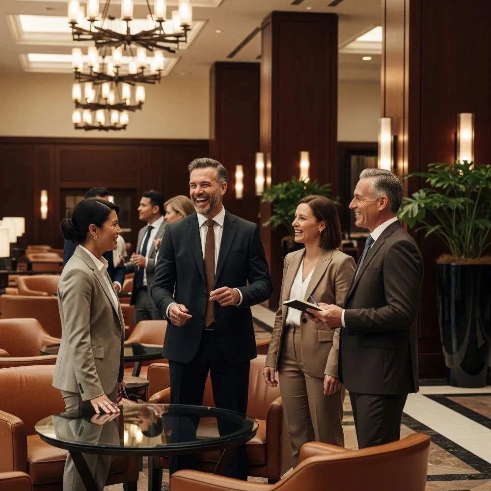 Business colleagues talking together in a hotel lobby before travelling