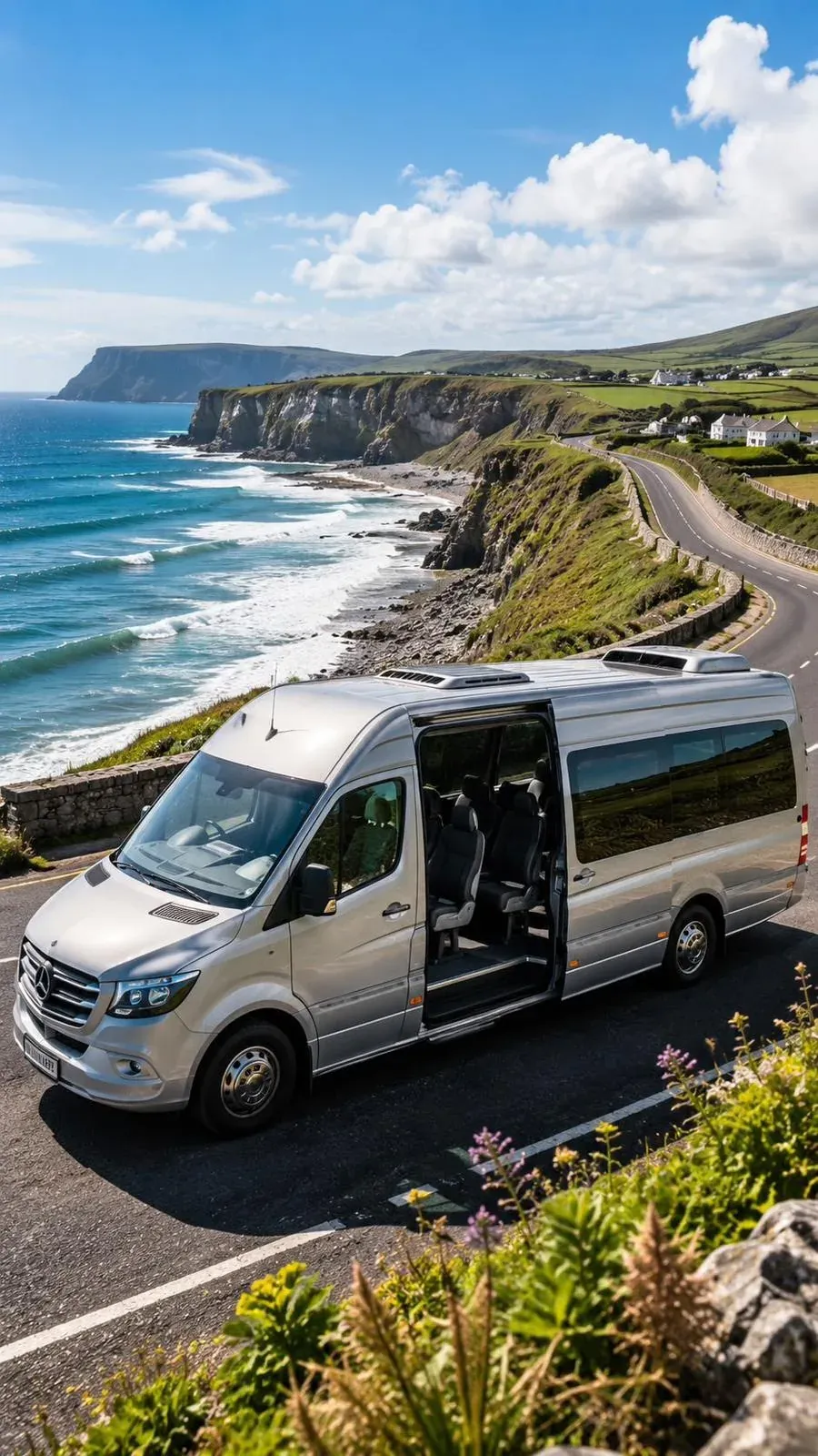 A WMC-style minibus parked on a coastal road above the sea
