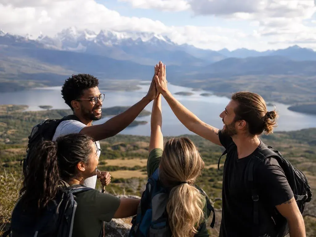 A group of friends together at a viewpoint at the end of a journey