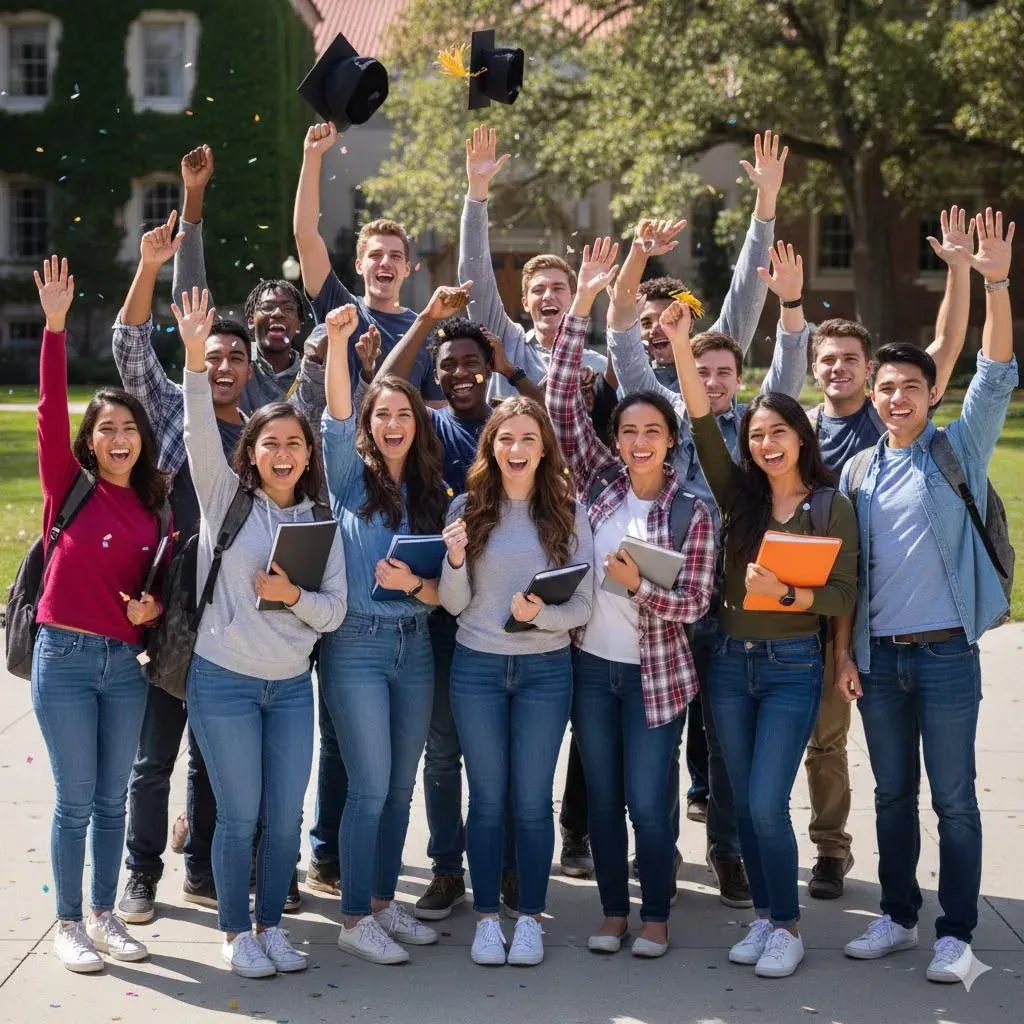 A large group of students celebrating together outside a college building