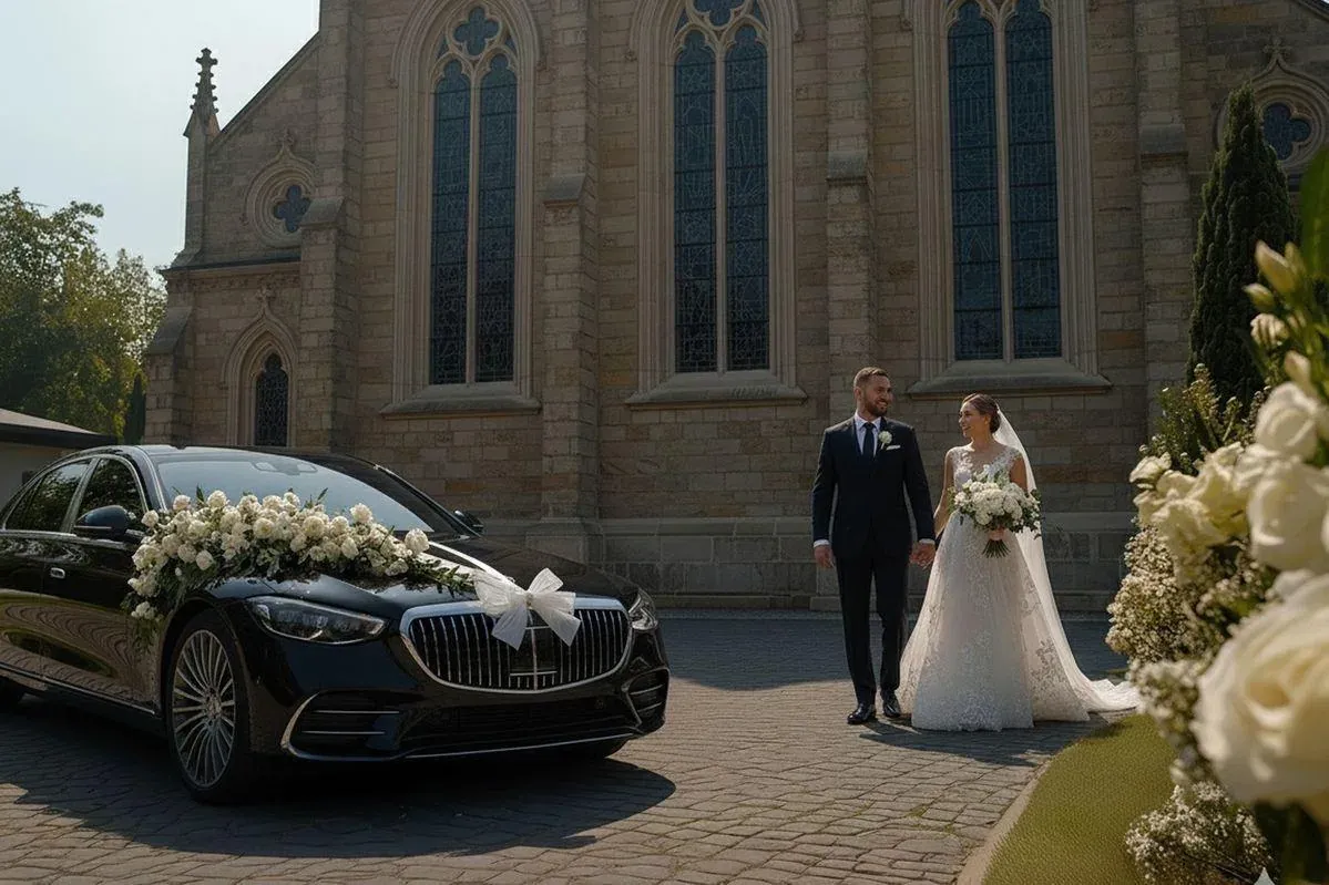 Bride and groom walking to a decorated chauffeur car outside a church
