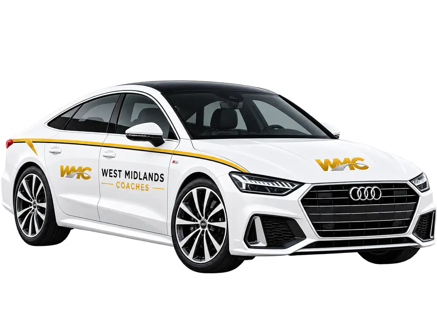 WMC Audi A7 in West Midlands Coaches livery, front three-quarter studio view with the background removed