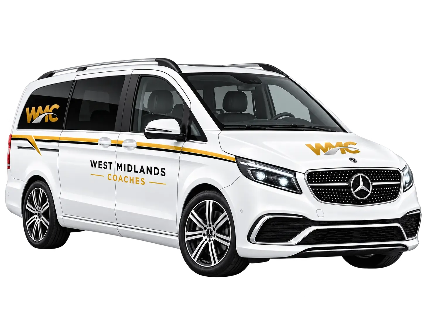 WMC Mercedes-Benz V-Class in West Midlands Coaches livery, front three-quarter studio view with the background removed