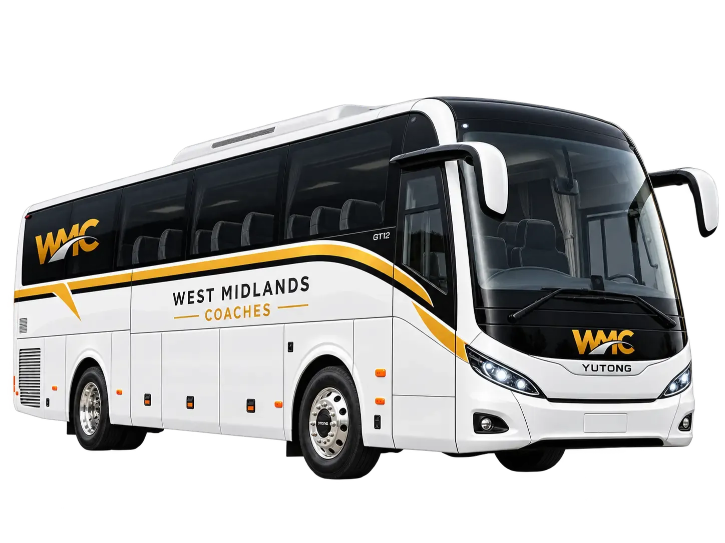WMC Yutong GT12 coach in West Midlands Coaches livery, front three-quarter studio view with the background removed