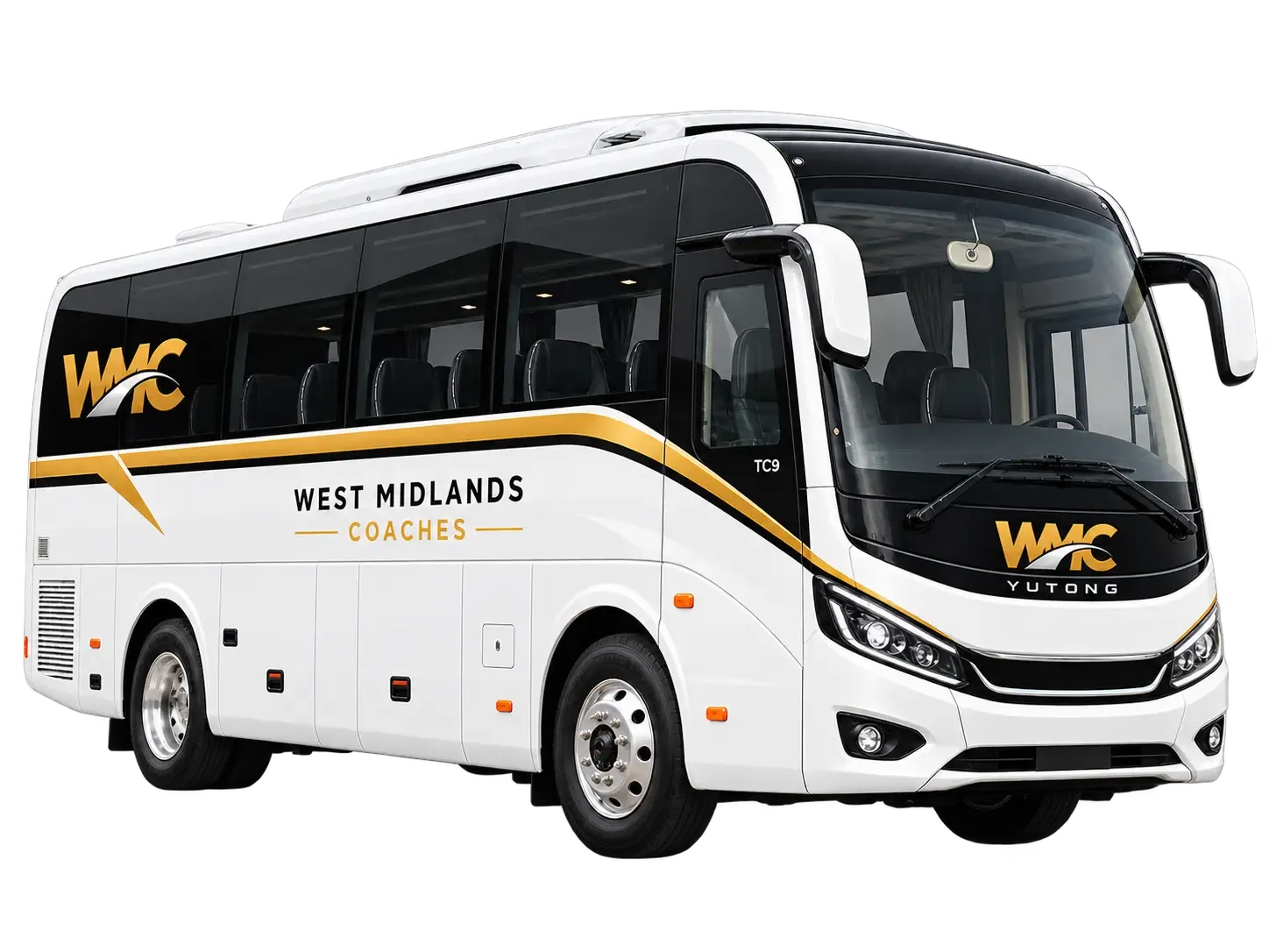 WMC Yutong TC9 coach in West Midlands Coaches livery, front three-quarter studio view with the background removed